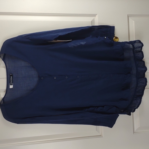 Volcom Blue Sheer Gauzy Hi-Lo Button LS Ruffle Hem Boho Tunic Blouse - Picture 2 of 15